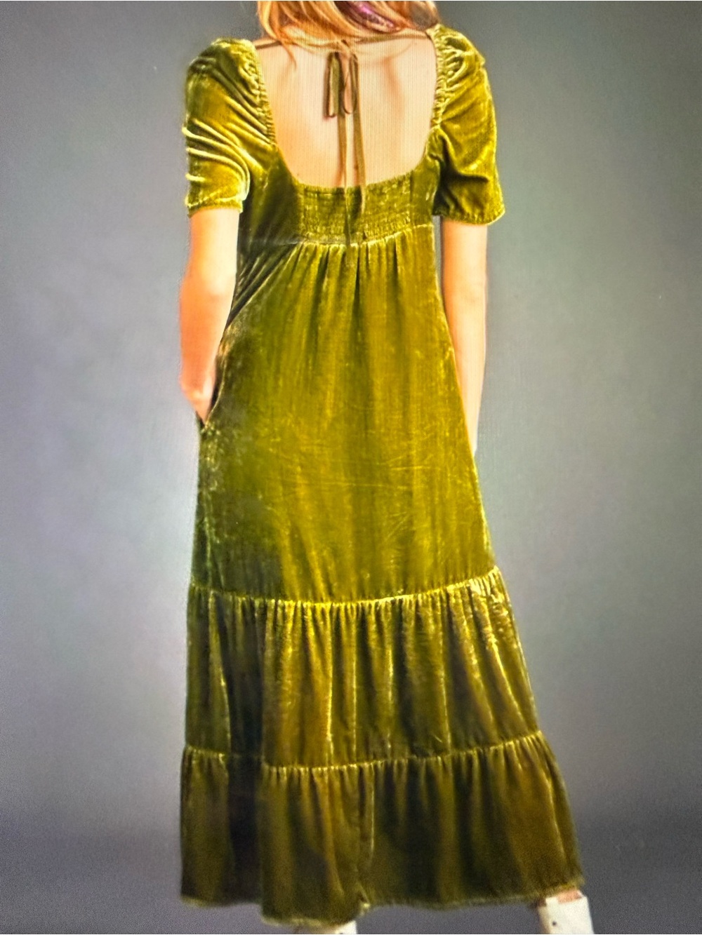 Anthropologie Olive Green Velvet Tiered Backless Maxi Dress